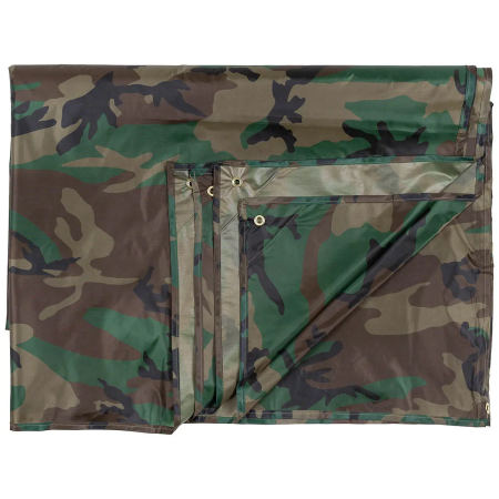 Studio product shot of the Woodland camouflage tarpaulin neatly folded into a compact square, displaying the classic pattern.