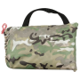 Studio product shot of the Arid/Desert camouflage tarpaulin packed securely inside its matching transport drawstring bag.