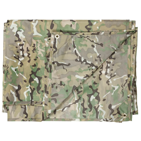 Studio product shot of the Arid/Desert camouflage tarpaulin neatly folded into a compact square, displaying the arid pattern.