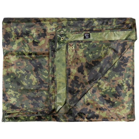Studio shot of the M05 camouflage tarpaulin neatly folded into a compact square, displaying the distinctive Finnish pattern.