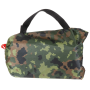 Studio product shot of the M05 camouflage tarpaulin packed securely inside its matching transport drawstring bag.