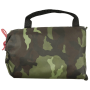 Studio product shot of the M95 camouflage tarpaulin packed securely inside its matching transport drawstring bag.