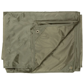 Studio product shot of the OD green tarpaulin neatly folded into a compact square, displaying the durable fabric texture.