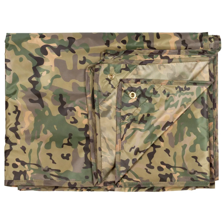 Studio product shot of the Arid/Desert camouflage tarpaulin neatly folded into a compact square, displaying the arid pattern.