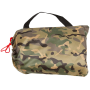 Studio product shot of the Arid/Desert camouflage tarpaulin packed securely inside its matching transport drawstring bag.