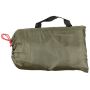 Studio product shot of the OD green tarpaulin packed securely inside its matching transport drawstring bag.