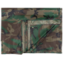 Studio product shot of the Woodland camouflage tarpaulin neatly folded into a compact square, displaying the classic pattern.