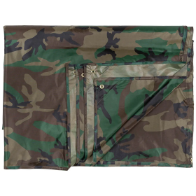 Studio product shot of the Woodland camouflage tarpaulin neatly folded into a compact square, displaying the classic pattern.