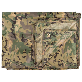 Studio product shot of the Arid/Desert camouflage tarpaulin neatly folded into a compact square, displaying the arid pattern.