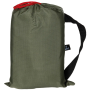Studio product shot of the OD green tarpaulin packed securely inside its matching transport drawstring bag.