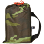 Studio product shot of the M95 camouflage tarpaulin packed securely inside its matching transport drawstring bag.