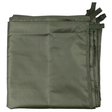 Studio product shot of the OD green tarpaulin neatly folded into a compact square, displaying the durable fabric texture.