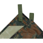 Close-up highlighting the reinforced corner construction, heavy-duty stitching, and metal eyelet of the Flecktarn tarpaulin.
