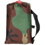 Studio product shot of the Woodland camouflage tarpaulin packed securely inside its matching transport drawstring bag.