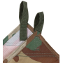 Close-up shot highlighting the reinforced corner construction, heavy-duty stitching, and metal eyelet of the Woodland tarpaulin.