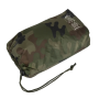 Studio product shot of the Polish woodland camouflage transport drawstring bag packed tightly.