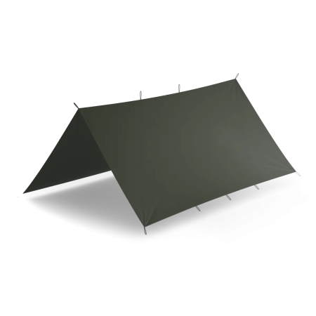 Studio product shot of the olive green tarpaulin laid flat, highlighting the classic military OD fabric shade.