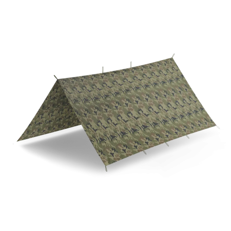 Studio product shot of the Polish (PL) woodland camouflage tarpaulin laid flat, displaying the distinct pattern.