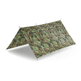 Studio product shot of the US Woodland camouflage tarpaulin laid flat, displaying the classic classic pattern.