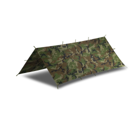 Studio product shot of the US Woodland camouflage tarpaulin laid flat, displaying the classic pattern.