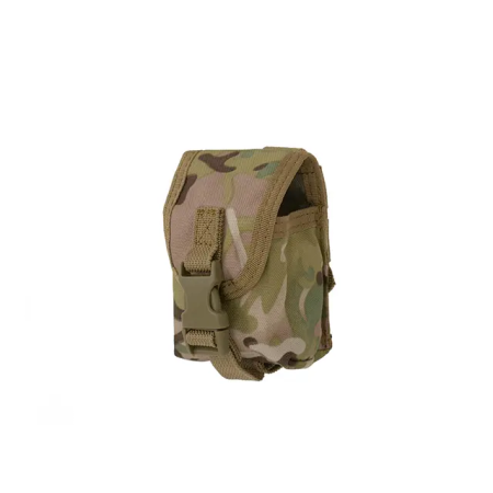 Studio product shot of the Multicam camouflage grenade pouch from the front, displaying the camouflage pattern alignment.