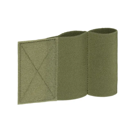 Studio product shot highlighting the loop (soft) textile side and overall backing of the Olive Green dual tourniquet holder.