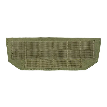 Studio product shot showcasing the front view of the olive green belt-mounted MOLLE panel with its PALS webbing grid.
