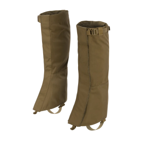 Studio shot of the coyote tan Snowfall gaiters on a neutral background, capturing the tactical color and material texture.