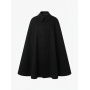 Studio product shot showcasing the full front view of the black wool cape, highlighting its draping and button closure.