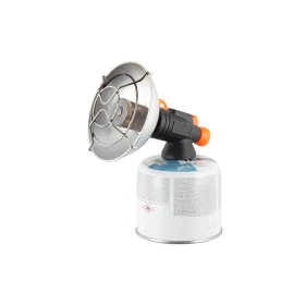 Studio product shot of the portable gas heater mounted on a threaded camping gas cartridge (canister not included).