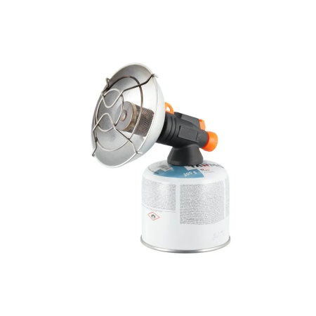 Studio product shot of the portable gas heater mounted on a threaded camping gas cartridge (canister not included).