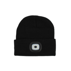 Studio product shot showing the front view of the knit beanie with the integrated LED light module.