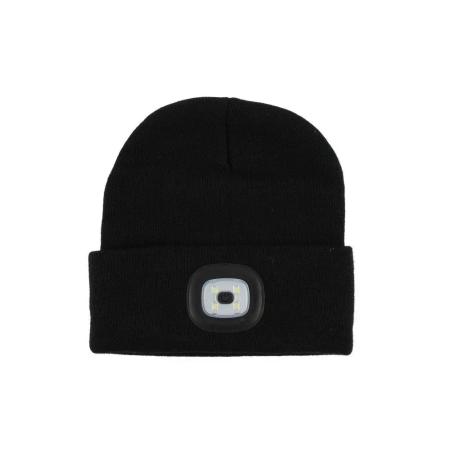 Studio product shot showing the front view of the knit beanie with the integrated LED light module.