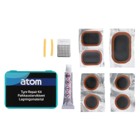 Studio product shot showcasing the open plastic storage box alongside all 7 repair kit components laid out clearly.