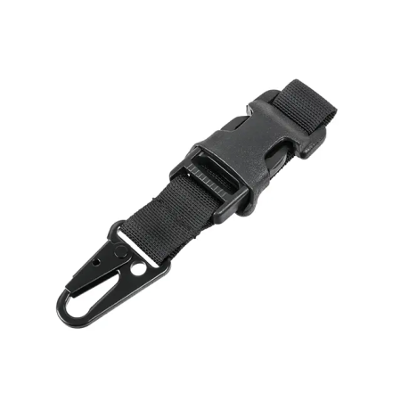 Studio product shot showing the 8FIELDS tactical buckle snap hook folded and closed.