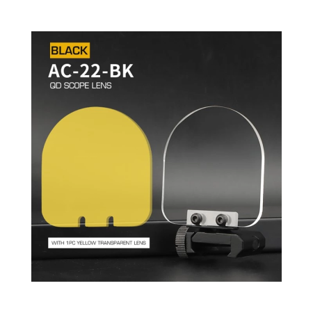Studio shot showcasing the protective mount base alongside both included acrylic lenses (clear and yellow) placed side by side.