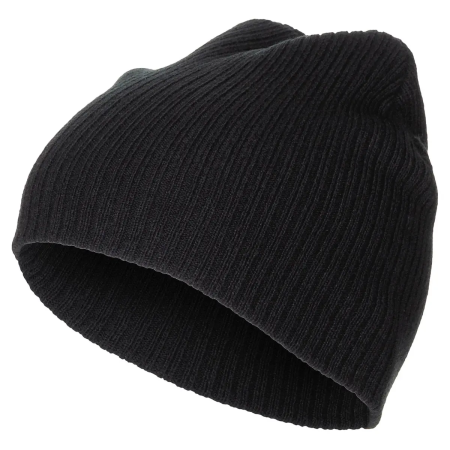 Flat studio shot of the FoxOutdoor Extra Short Ribbed Beanie in solid black.