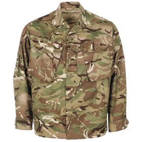 Flat studio product shot of the British Army "Barrack" Field Shirt in MTP camo viewed from the front.