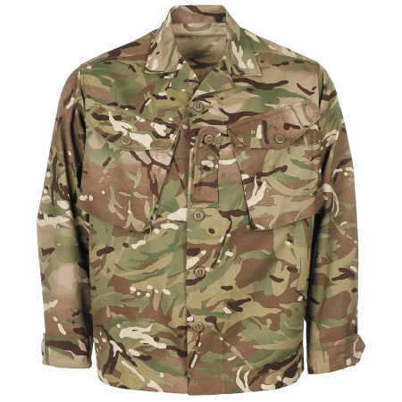 Flat studio product shot of the British Army "Barrack" Field Shirt in MTP camo viewed from the front.