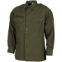 Studio product photograph of the Austrian Army Olive Green Field Shirt mounted upright on a mannequin, viewed from the front.