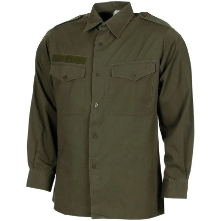Studio product photograph of the Austrian Army Olive Green Field Shirt mounted upright on a mannequin, viewed from the front.