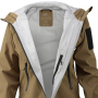 Front view of the jacket with the main YKK AquaGuard zipper fully unzipped.