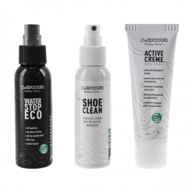 3-osaline LOWA Care Set Eco jalanõude hoolduskomplekt (puhastusvahend, nahakreem ja impregneerimissprei).