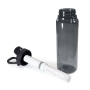 View of the 1L Tritan bottle with the cap unscrewed, showing the internal filter unit attached to the lid.