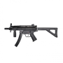 H&K MP5 K-PDW 4,5 mm CO2 õhkpüstoli vasak külgvaade koos avatud kabaga, näidates kaitseriivi ja litsentseeritud märgistusi.
