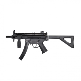 H&K MP5 K-PDW 4,5 mm CO2 õhkpüstoli vasak külgvaade koos avatud kabaga, näidates kaitseriivi ja litsentseeritud märgistusi.