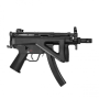 Side view of the H&K MP5 K-PDW air pistol with the shoulder stock folded to the side for maximum compactness.