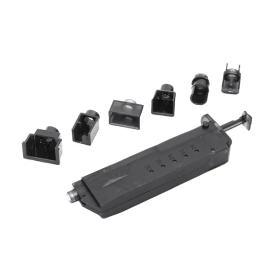 Front view of the transparent Battleaxe 100rd universal speed loader with the 7 included adapter nozzles displayed beside it.