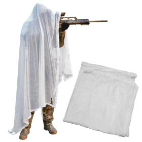 Illustrative view of a soldier with the arctic snow camo fibre net draped over their helmet and shoulders for field concealment.