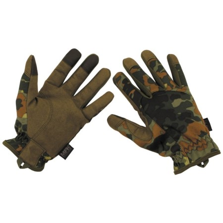 Flat lay view of the lightweight tactical touchscreen gloves featuring the classic German Flecktarn camouflage.